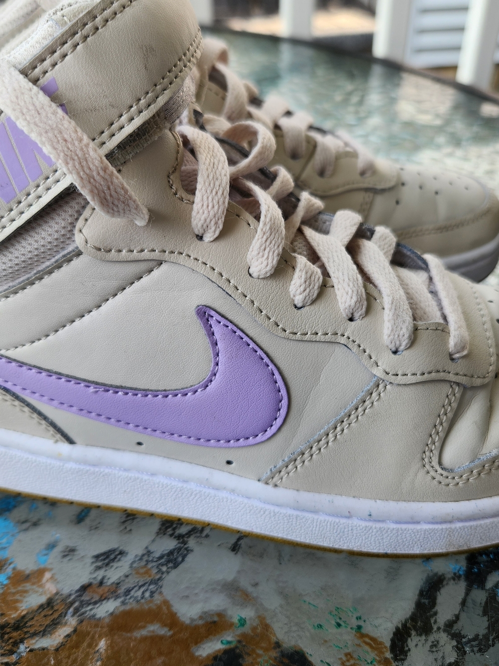 Nike Cream High-Top Sneakers with Lavender Swoosh